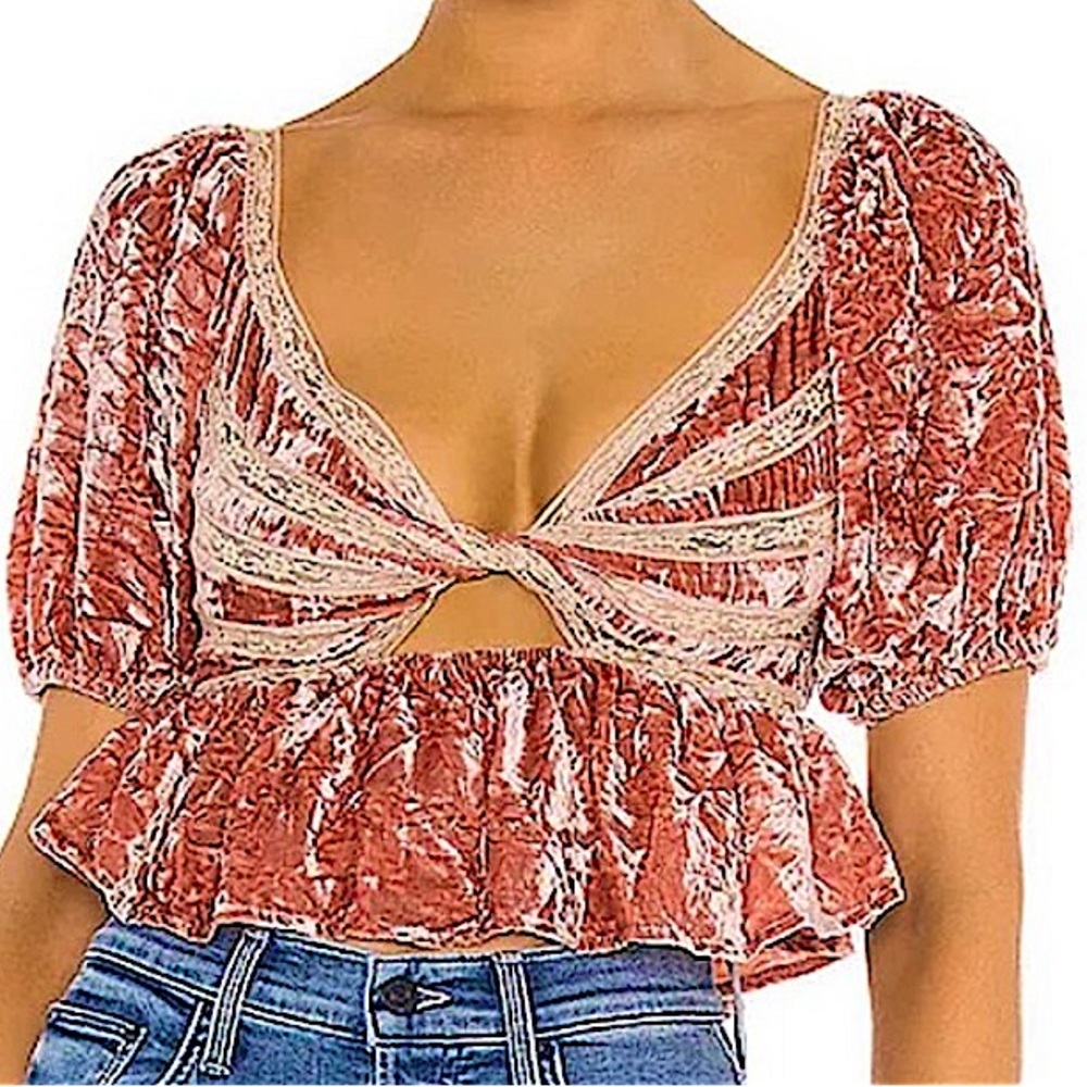Free People Yours Truly Velvet Peplum Top Mauve Pink crushed velvet lace size S
